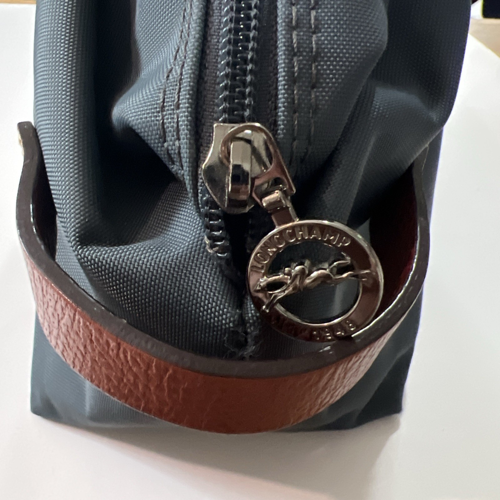 Longchamp Cosmetic Bag Nylon Grayish- Blue & Brown Leather Toiletry Travel Pouch