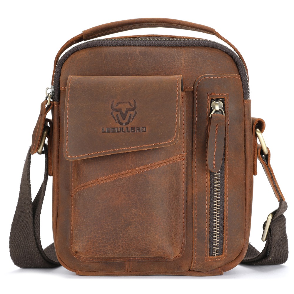 Men’s Sling Shoulder Messenger Bag Crazy Horse Genuine Leather Zipper Handbag