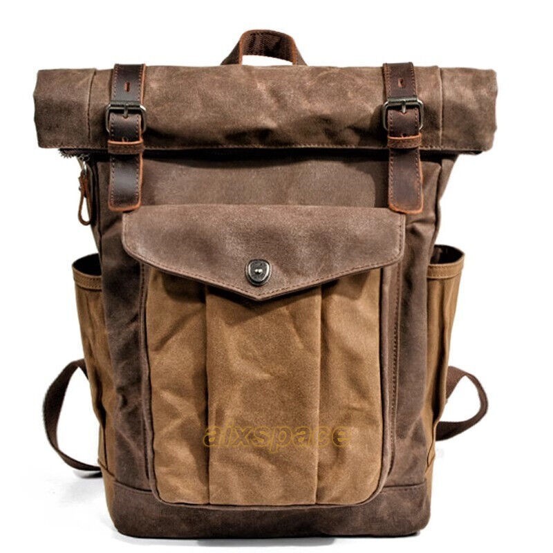 Men’s Retro Oil Wax Canvas Backpack Shoulder Bag Leisure Travel Knapsack
