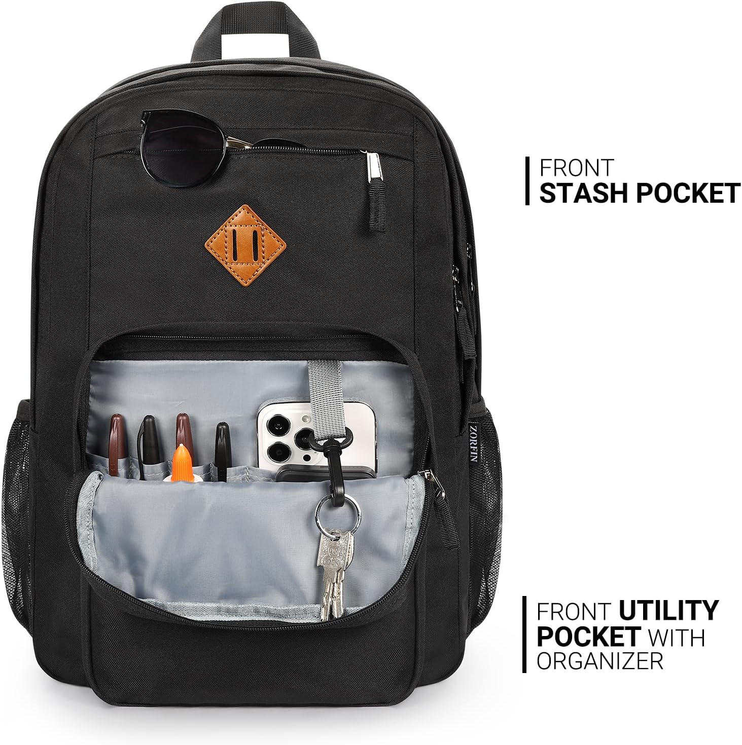 26L Black Backpack for School, College, and Travel: Water Resistant Bookbag with