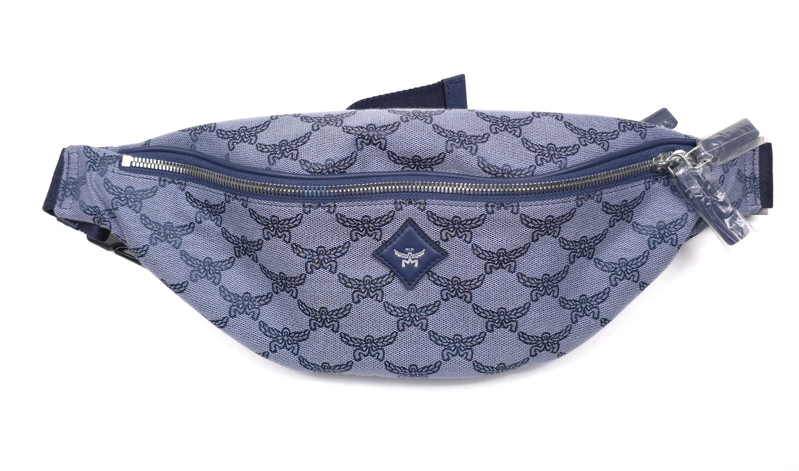 $650 MCM Himmel Lauretos Jacquard Fabric Belt Bag in Steel Blue Mens Authentic