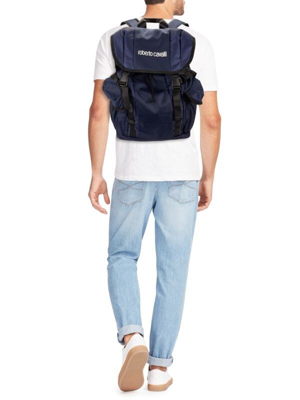 $350 NWT Roberto Cavalli Logo Utility Backpack Navy Blue 18″W x 17″H x 5″D