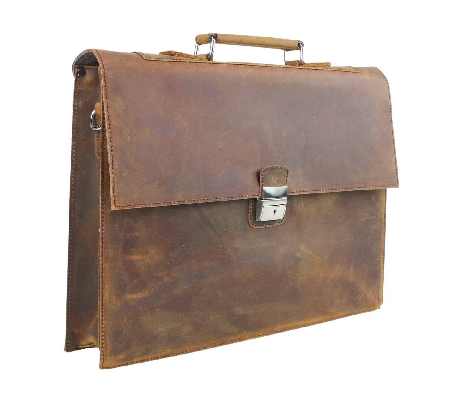 16 in. Slim Full Grain Leather Briefcase Laptop Bag With Latch Lock LB26