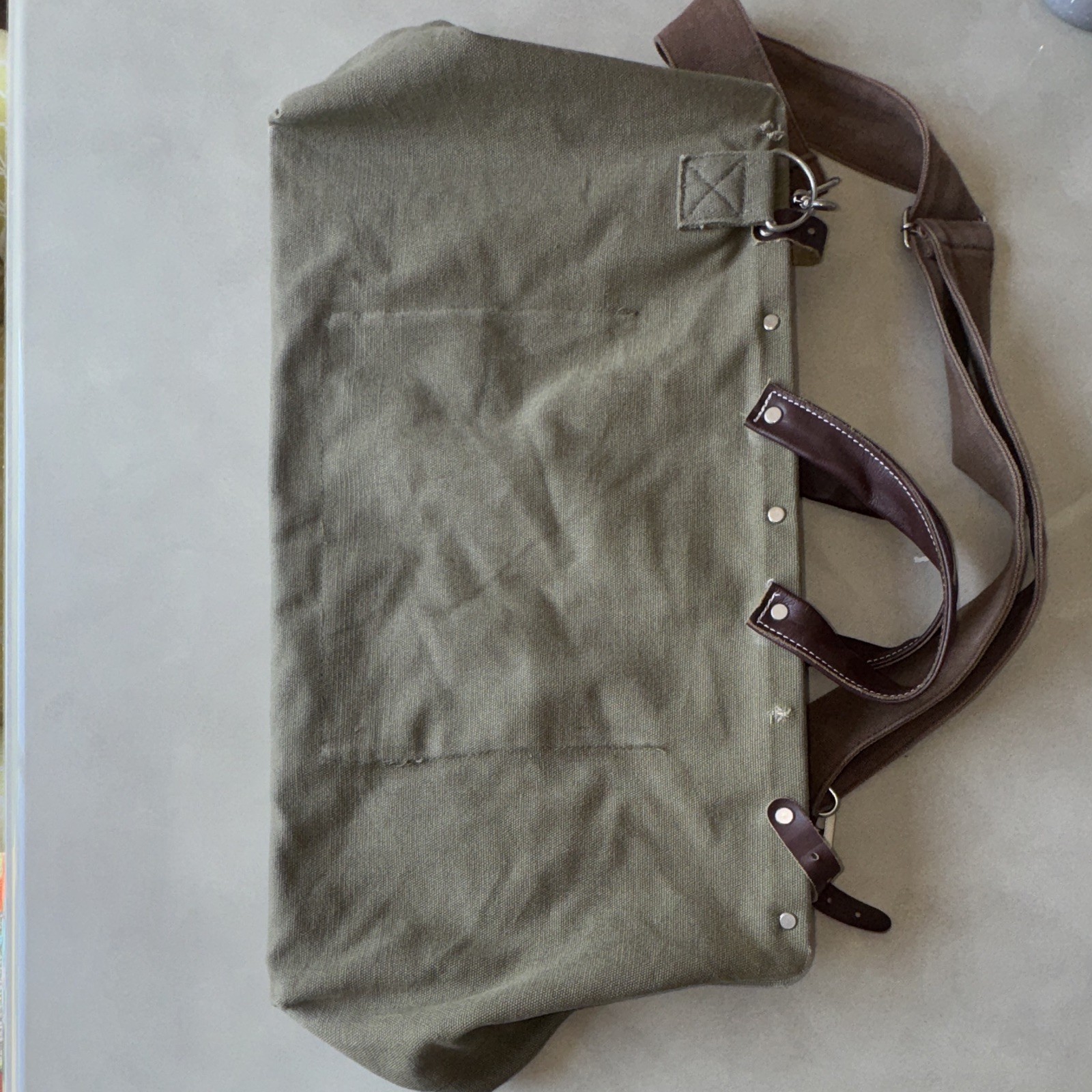Green Brown Duffle Bag Buckle Closure Adjustable Strap Leather Handles