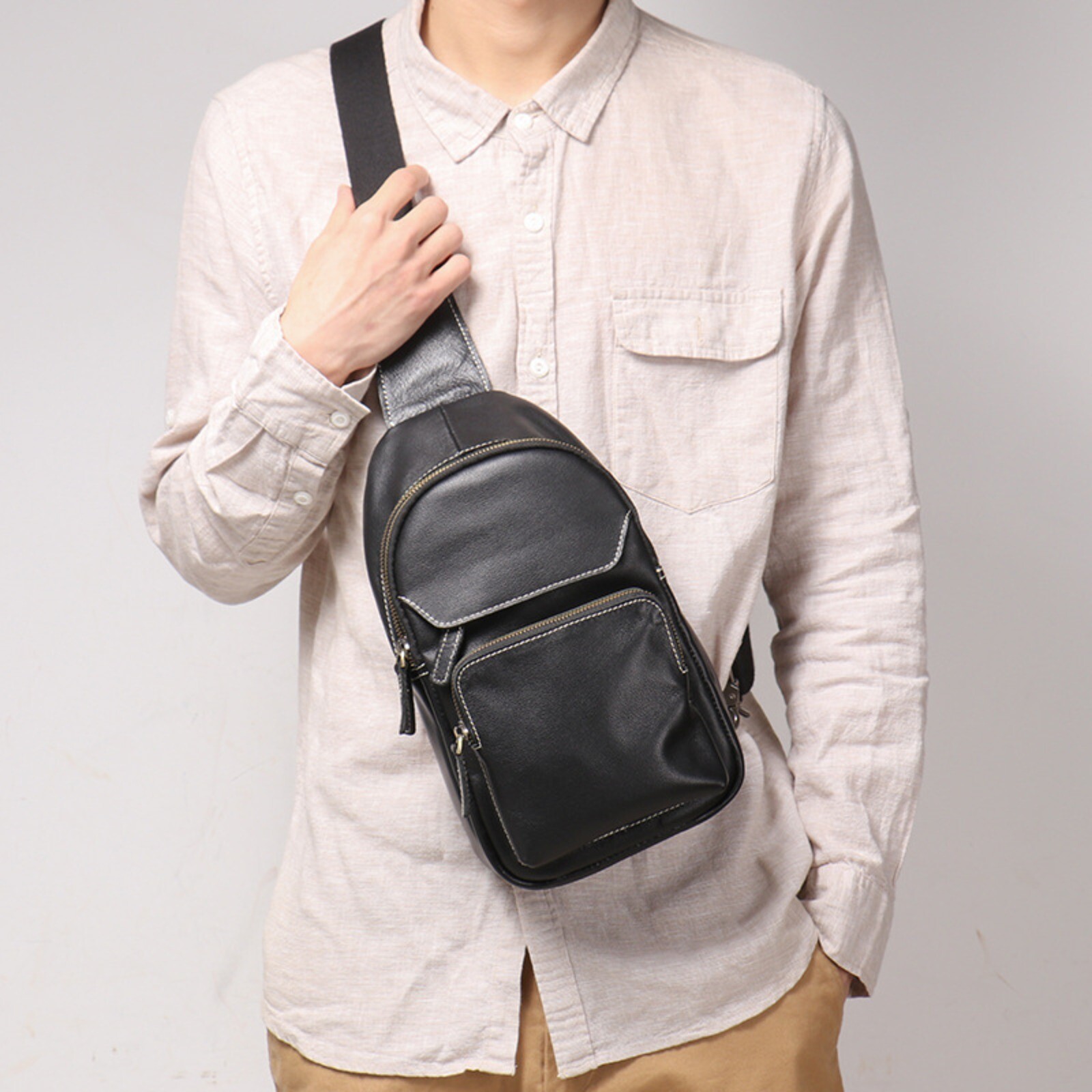 Men’s Leather Crossbody Sling Bag Chest Pack Shoulder Backpack Travel Black