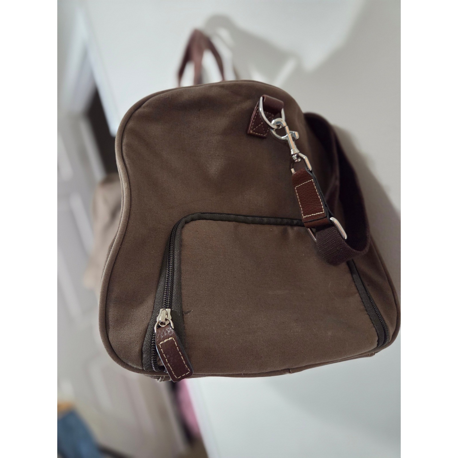 Peter Millar Canvas Duffel Bag Brown Olive Plaid Lining Weekend Travel Gym Bag