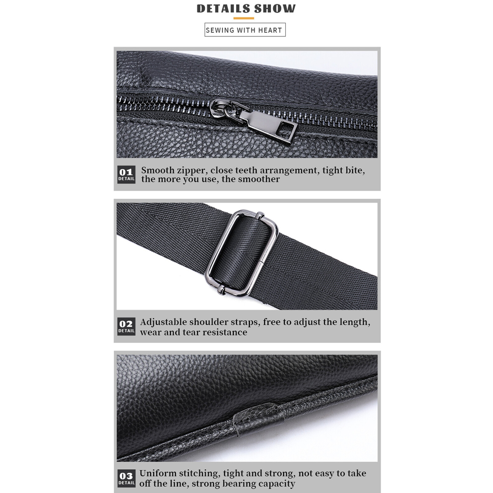 Mens Leather Shoulder Bag Black Crossbody Business Casual with Multi-Pocket
