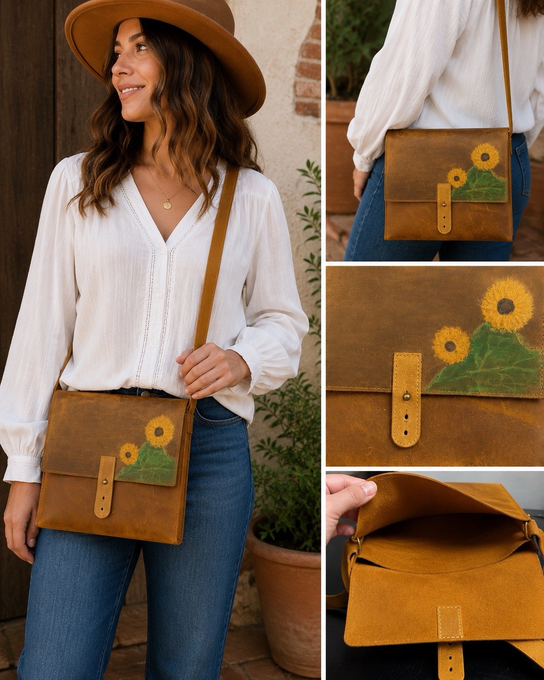 Handmade Leather Crossbody Messenger Bag Hand Painted Sunflower Rustic Boho
