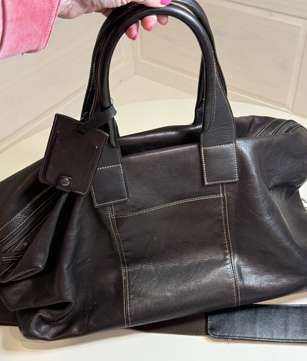 Kenneth Cole Dark Brown Genuine Leather Duffle Weekender Travel Bag Vintage Y2K