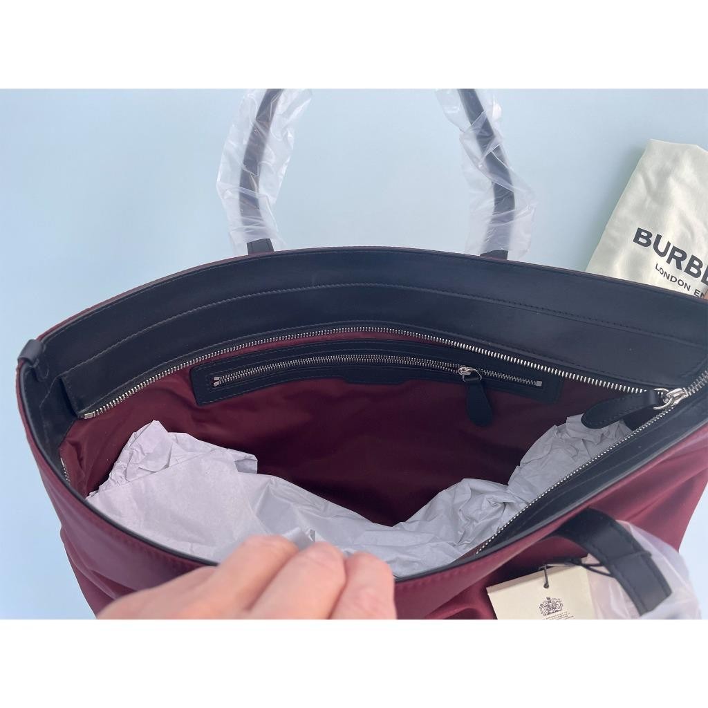 Burberry LL MD Nylon and Leather Tote Bag, in Dark Red, Made in Italy