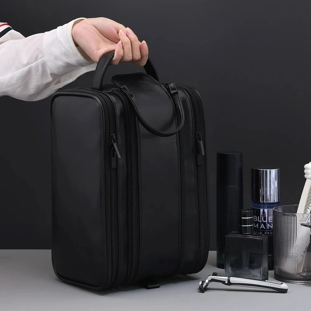 Men Toiletry Bag Organizer Dopp kit Zipper Travel Shave Pouch PU Vegan Leather