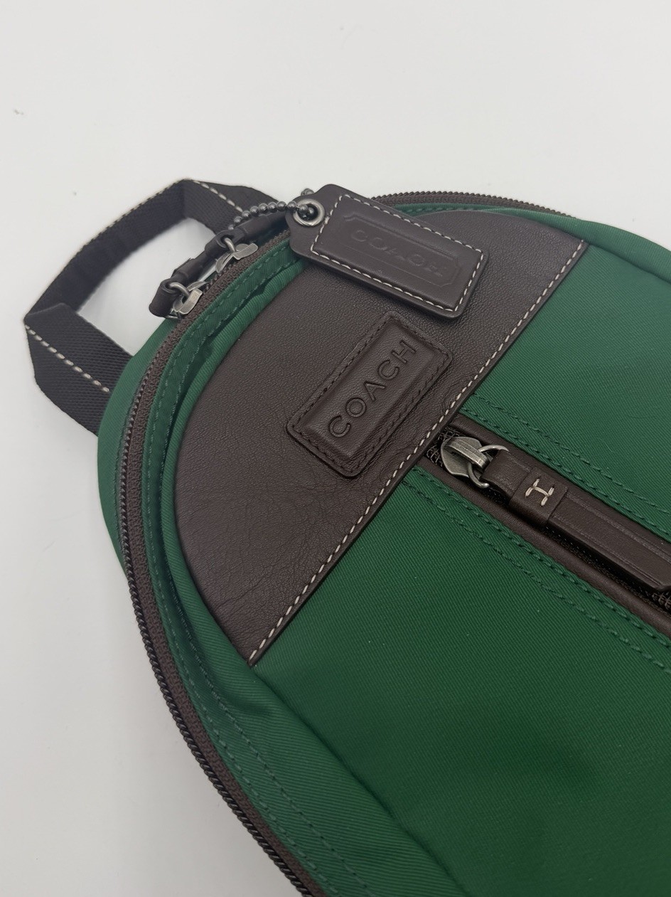 Coach Varick Nylon Sling Pack F70692 Green Brown Leather Crossbody Backpack Bag