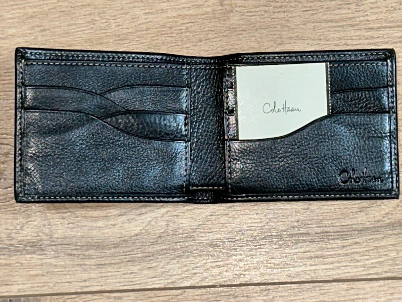 Cole Haan Mens Bifold Card Wallet Black Pebbled Leather Slim Classic