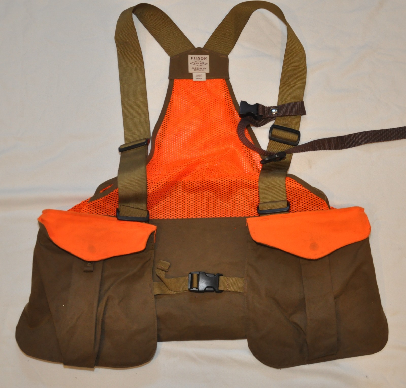 Filson Tin Cloth Game Bag Hunting Shooting Field Vest Dark Tan Blaze Orange