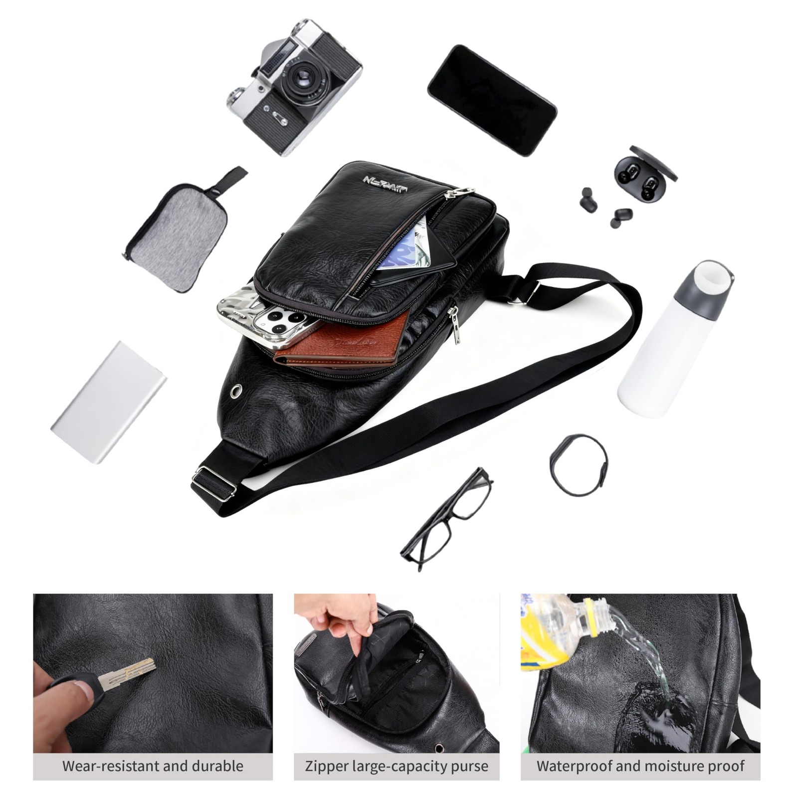 2 Pack Sling Bag Set, PU Leather with Classic Small, 02-black