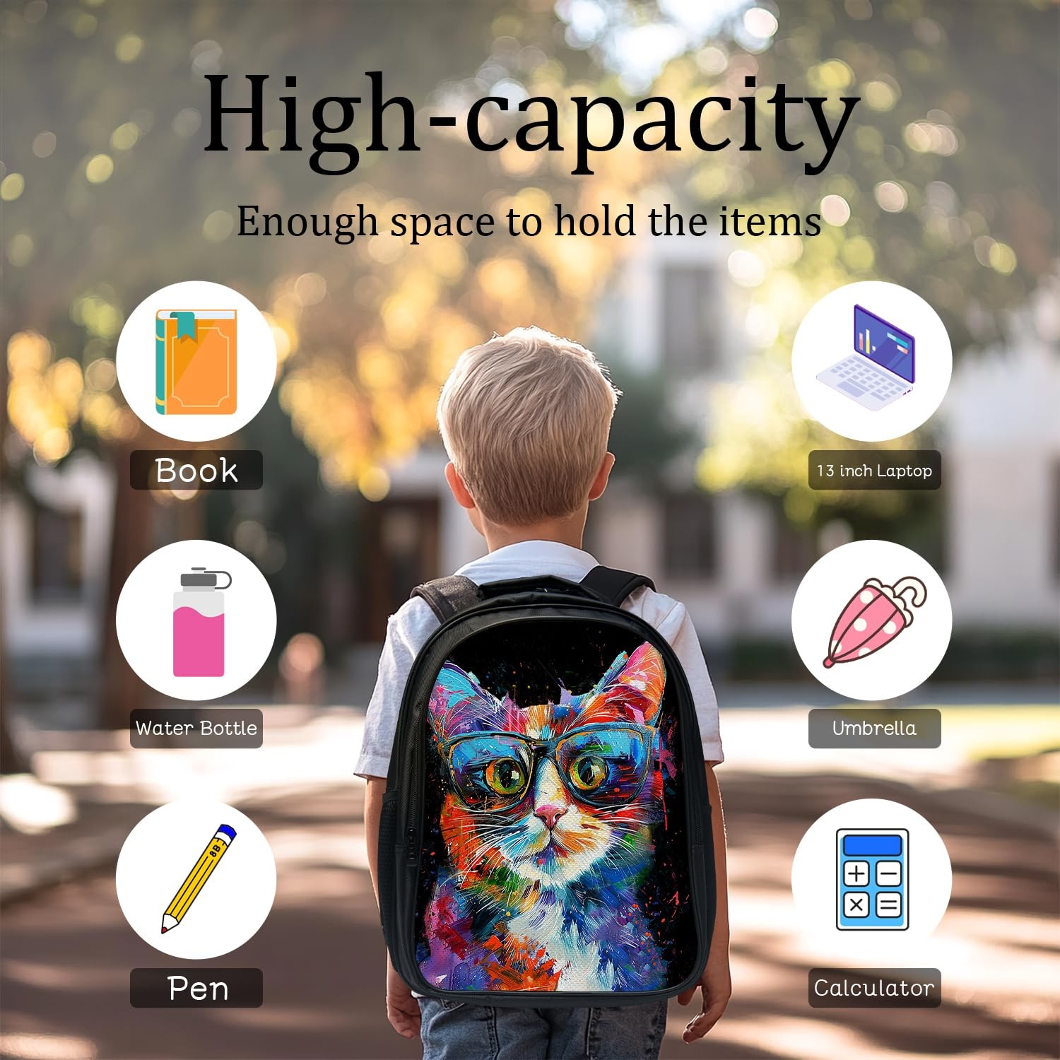 Cat School Backpack for Teens Kids Kindergarten Elementary Middle School 3-Pc…