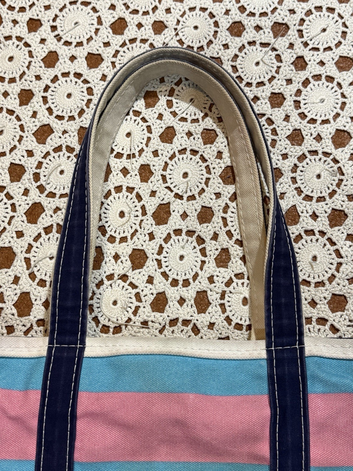 VTG 80s LL Bean Boat & Tote Bag USA Canvas Blue Pink Embroidered Gem Distressed