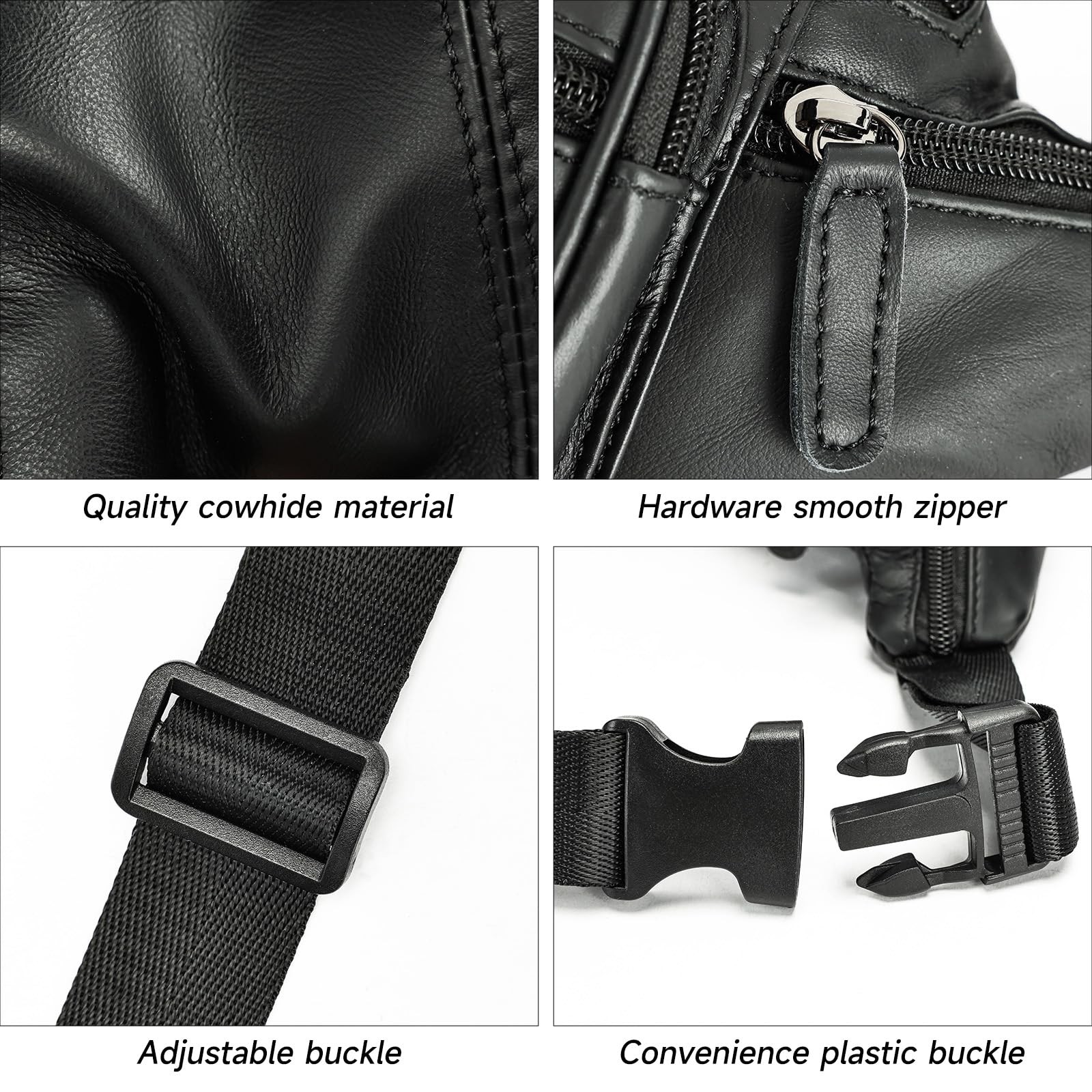 Genuine Leather Fanny Pack Men Women MultiPockets Sling Waist Bag Black