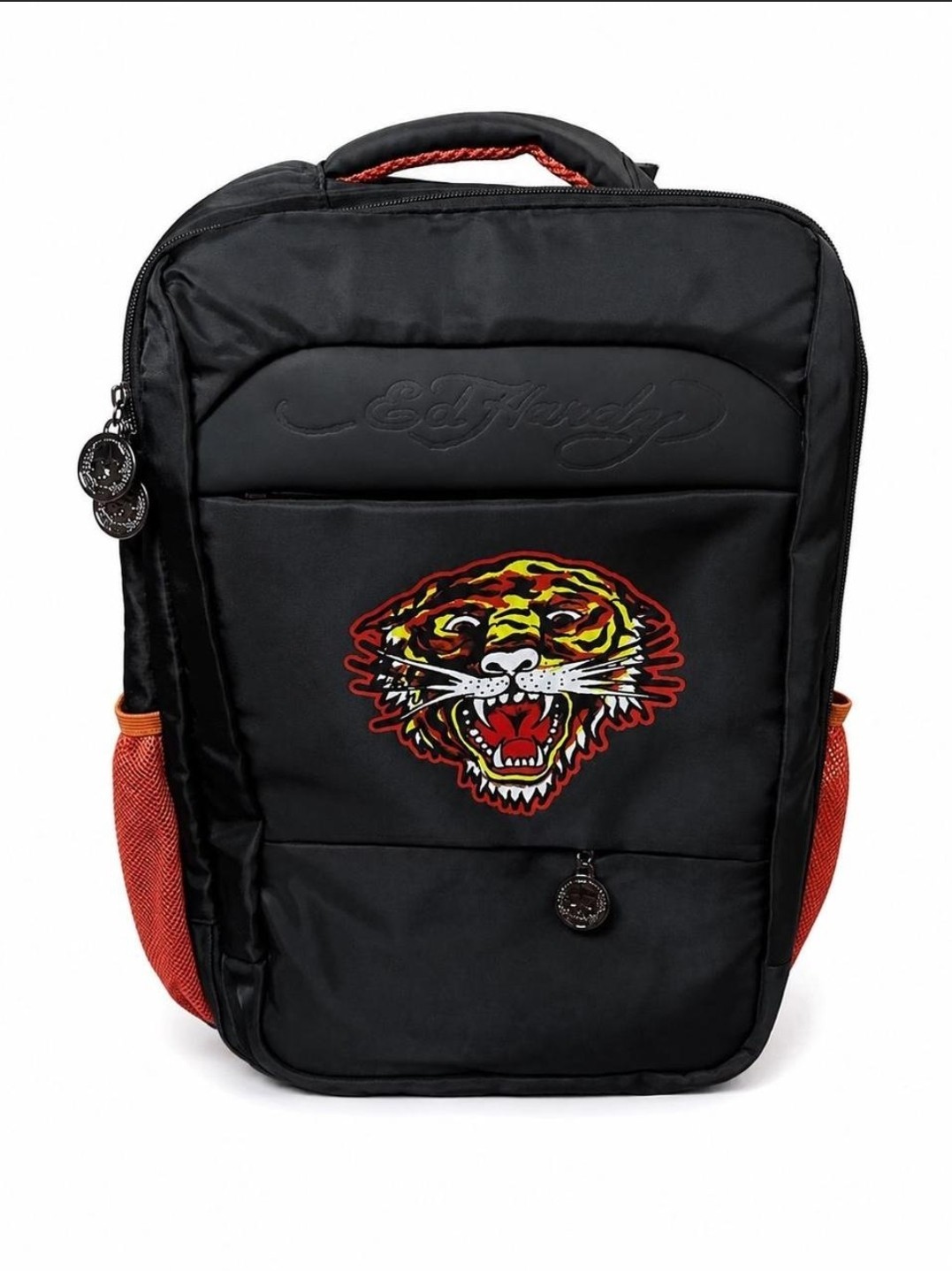 ED HARDY BLACK & ORANGE GRAPHIC ROARING TIGER EMBROIDERED LOGO BACKPACK NWT