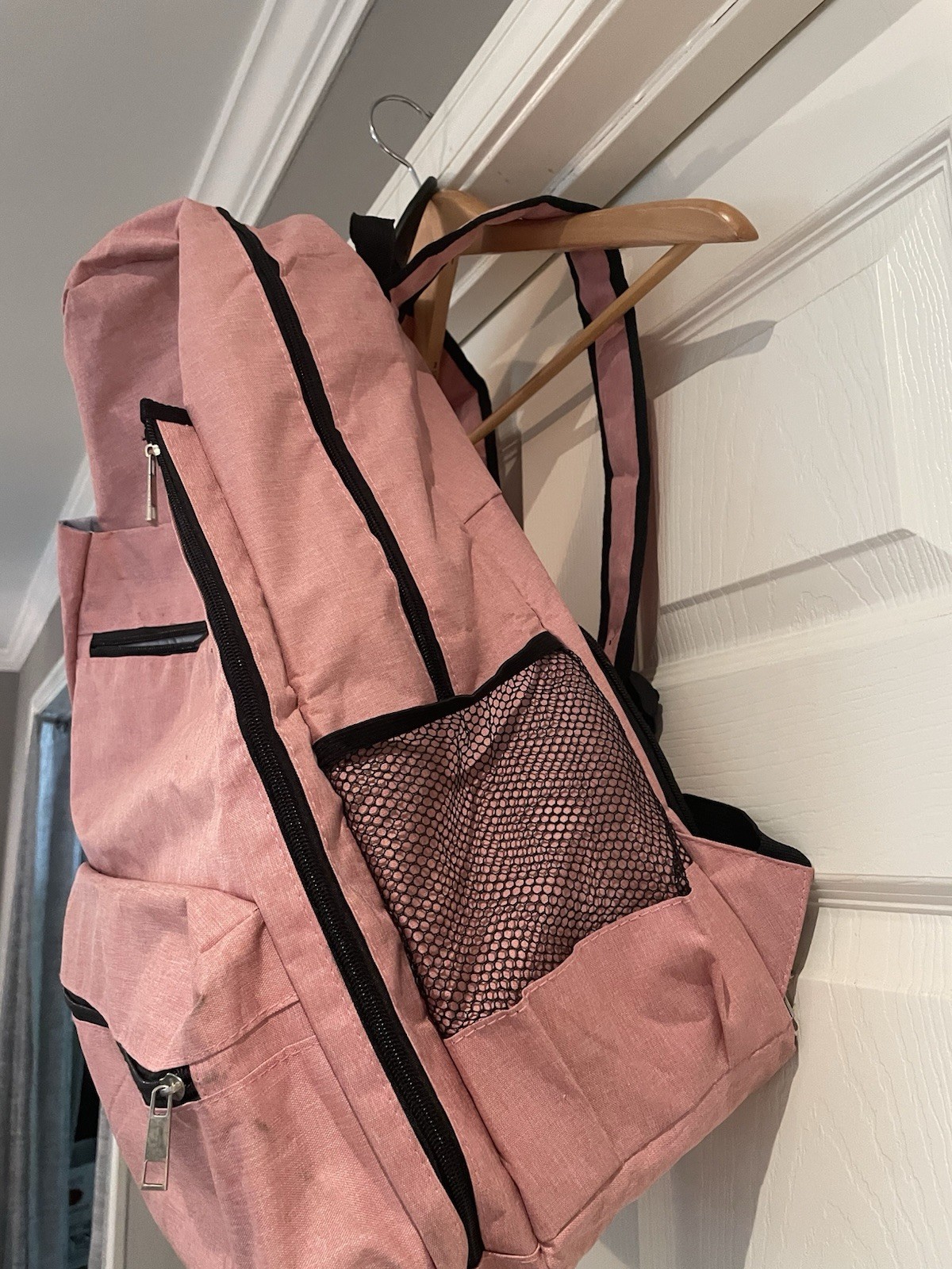 Pink Sling Backpack Crossbody Bag, Zipper Closure, Adjustable Strap, Mesh Pocket
