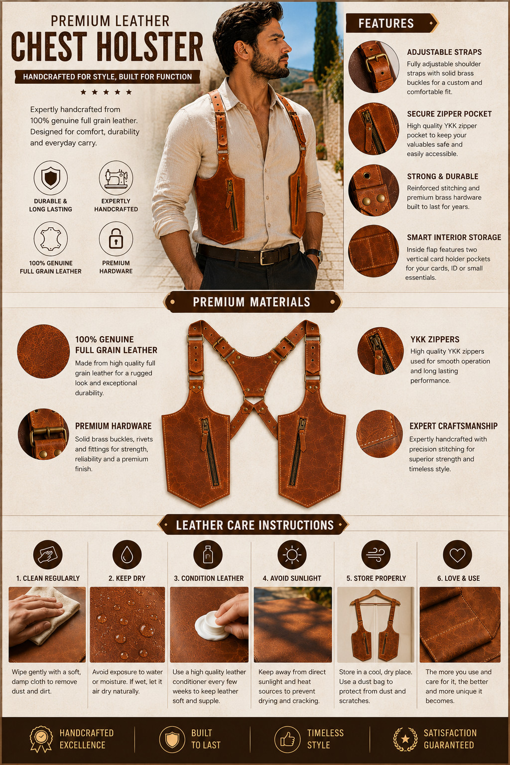 Genuine Leather Chest Holster Harness Crossbody EDC Phone Wallet Travel Bag