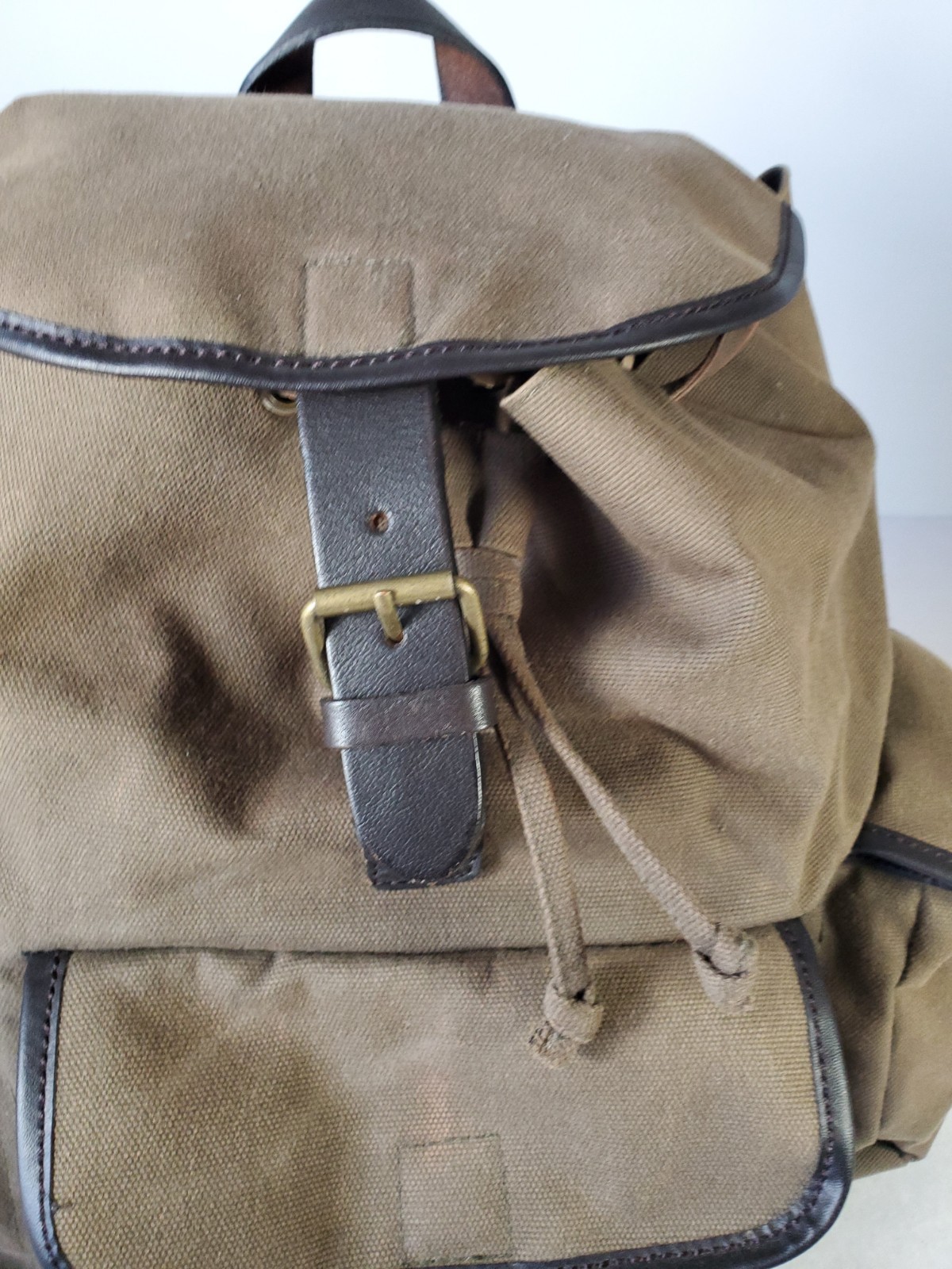 GAP Canvas Military Backpack Leather Straps Snap Pockets Drawstring/ Zipper READ