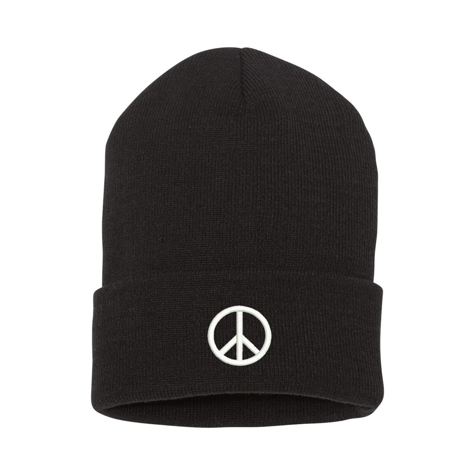 Peace symbol embroidered beanie hat, custom embroidered beanie hat