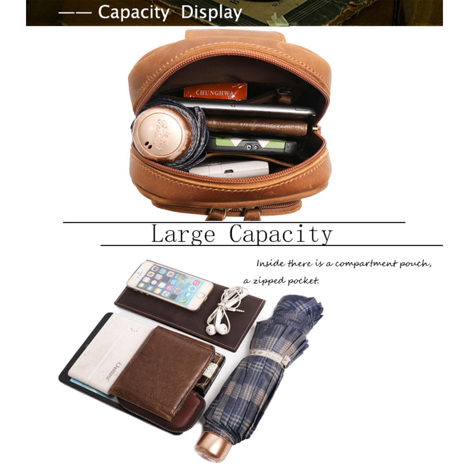 Men’s Leather Chest Sling Bag Crossbody Travel Backpack Shoulder Pack