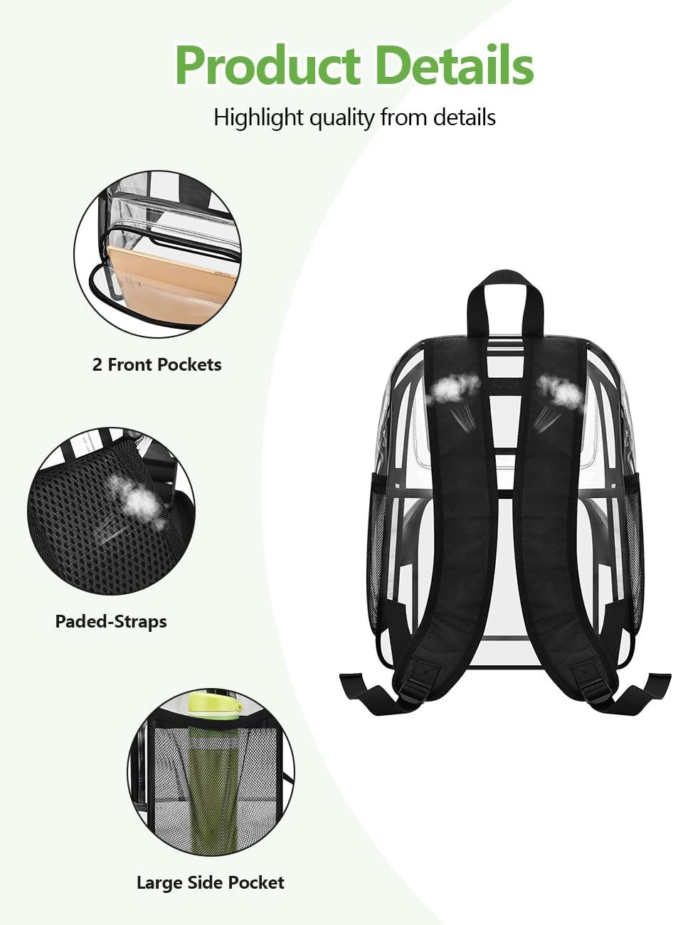 Clear Backpack Heavy Duty Transparent Bookbag for School and Work Black