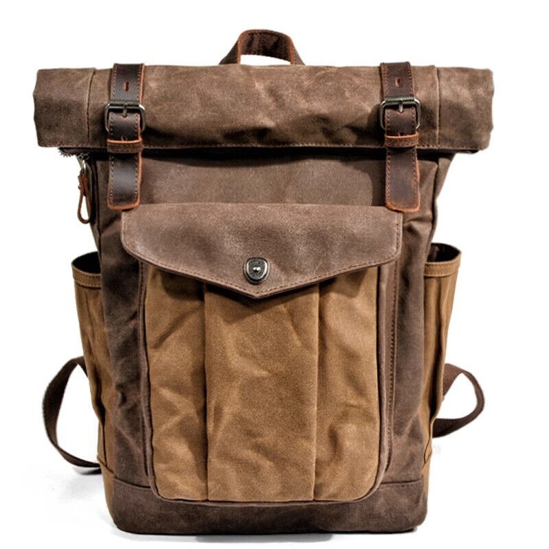 Men Retro Oil Wax Canvas Backpack Shoulder Bag Leisure Travel Knapsack