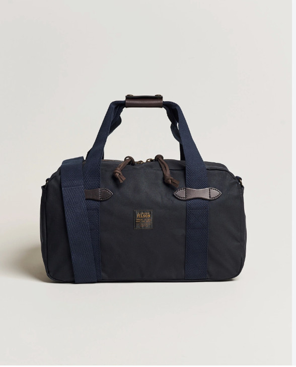 Filson Tin Cloth Duffle Bag Small Tan Navy Waxed Cotton Canvas Bridle Leather