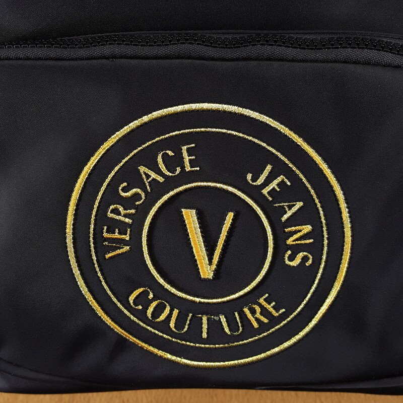 VERSACE COUTURE Backpack Black Nylon V Emblem Gold Logo Unisex $325