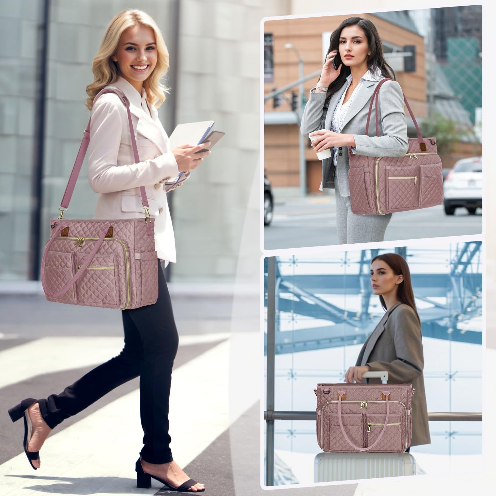 Leather Laptop Tote Bag Insulated Pocket Teacher Nurse Work Briefcase Pink