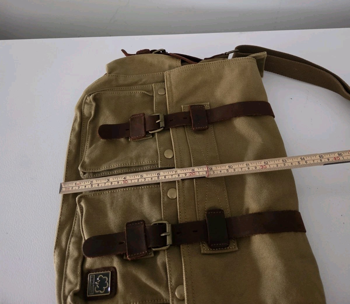 S.C. Cotton Canvas Messenger Laptop Bag Khaki Leather Trim Crossbody Satchel 17″