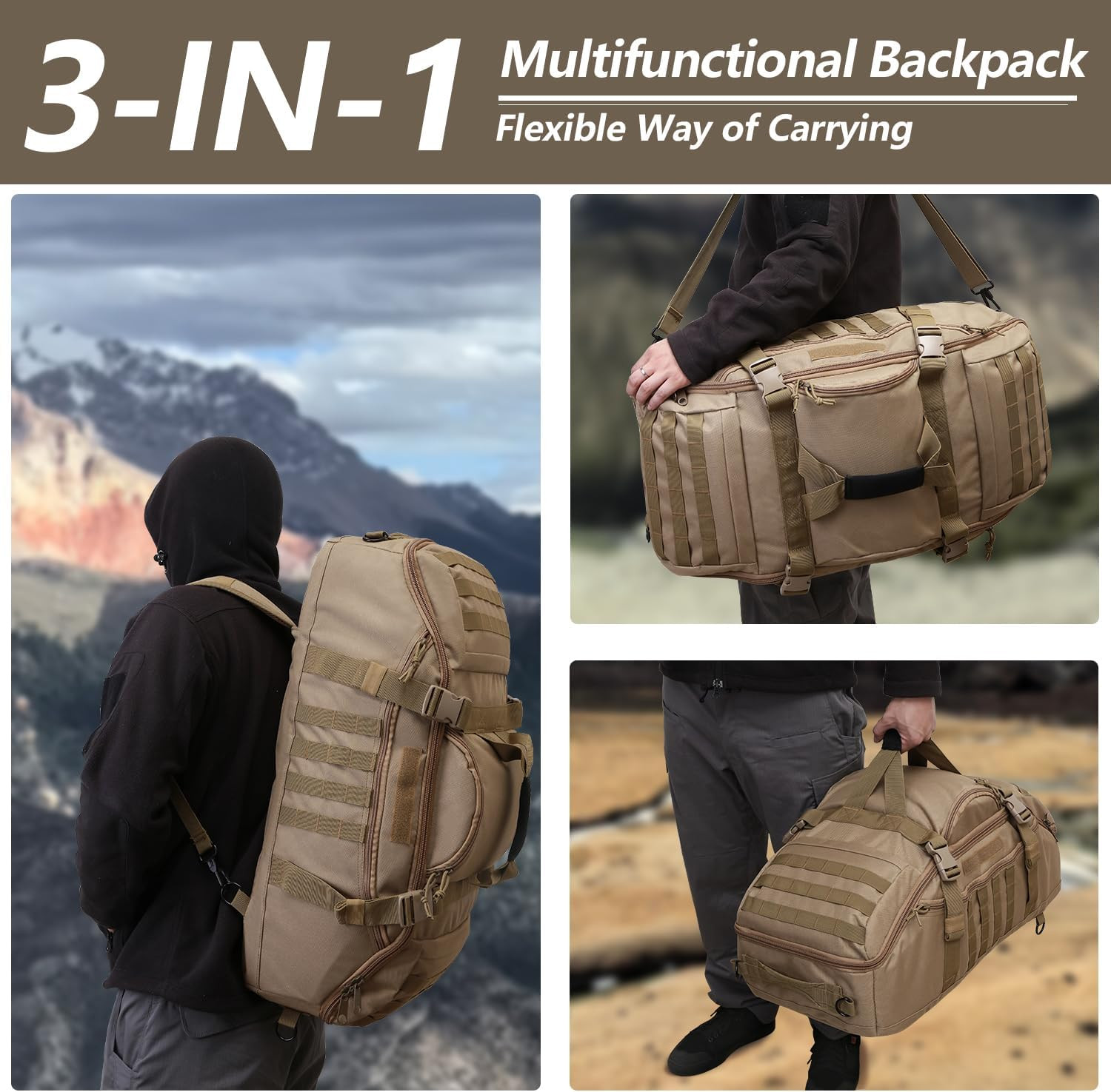 55L Large Duffle Bag, 3-In-1 Tactical Backpack MOLLE Pack for Gym, Sports, Outdo