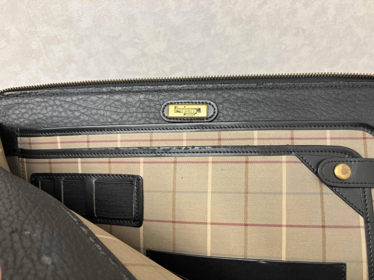 Authentic Burberrys Black Leather Second Bag 26x37cm Deterioration Damage