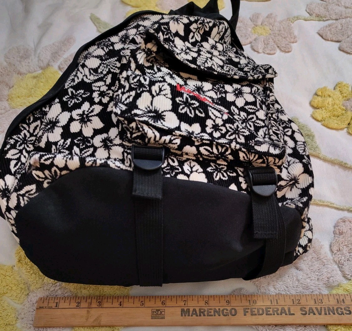 Vtg Jansport Sling Backpack Black Ivory Corduroy Hawaiian Floral Hibiscus