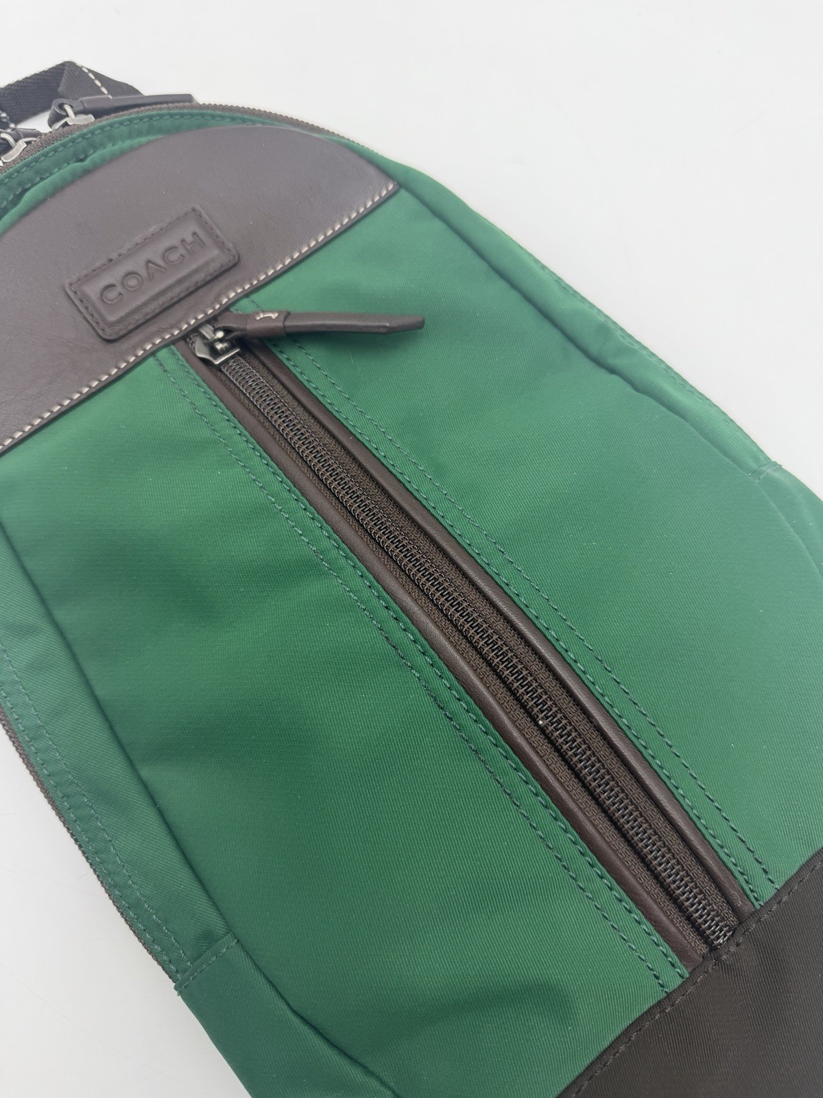 Coach Varick Nylon Sling Pack F70692 Green Brown Leather Crossbody Backpack Bag