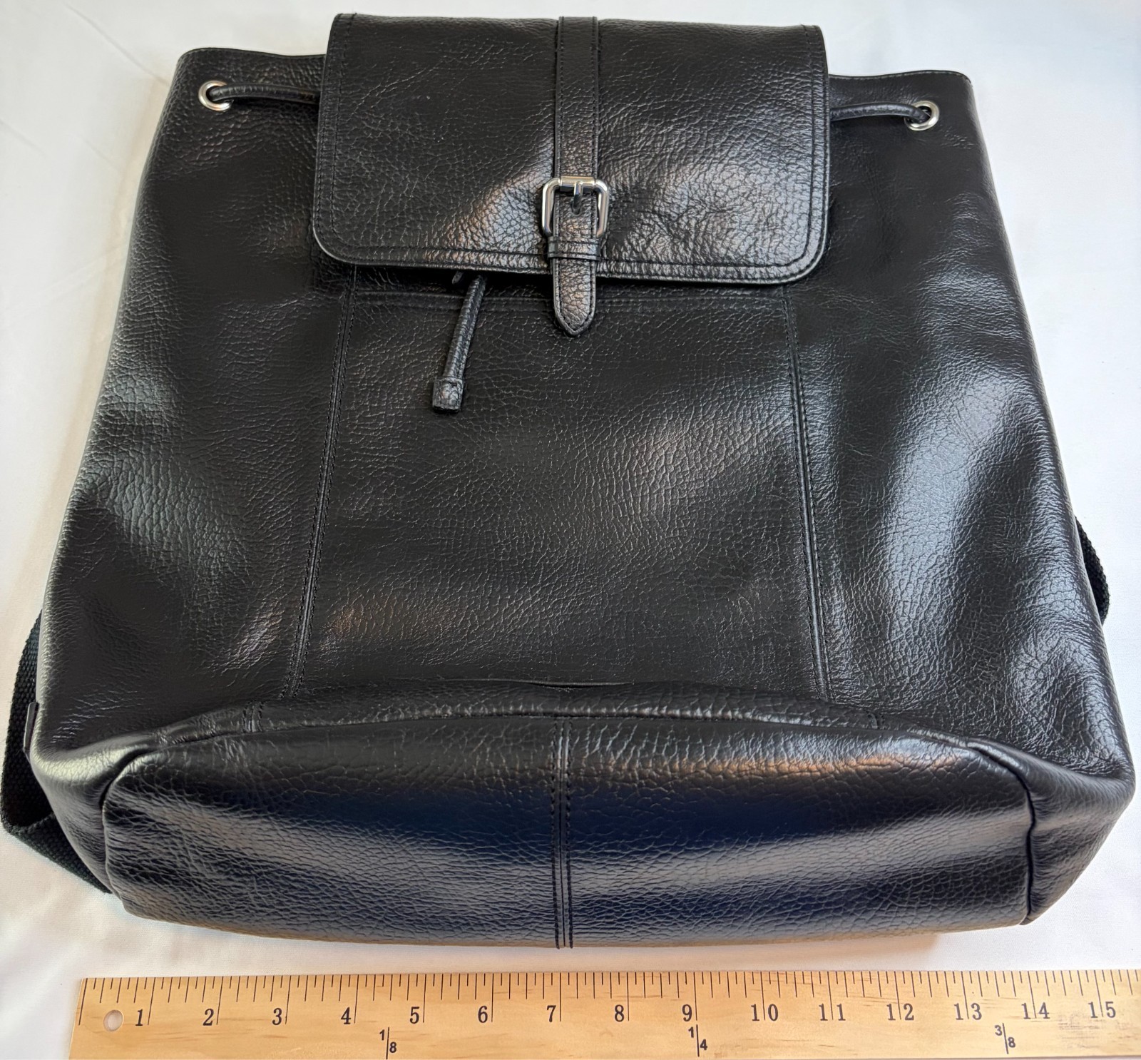 Cole Haan Black Pebbled Leather Backpack Drawstring Flap Laptop Travel Bag