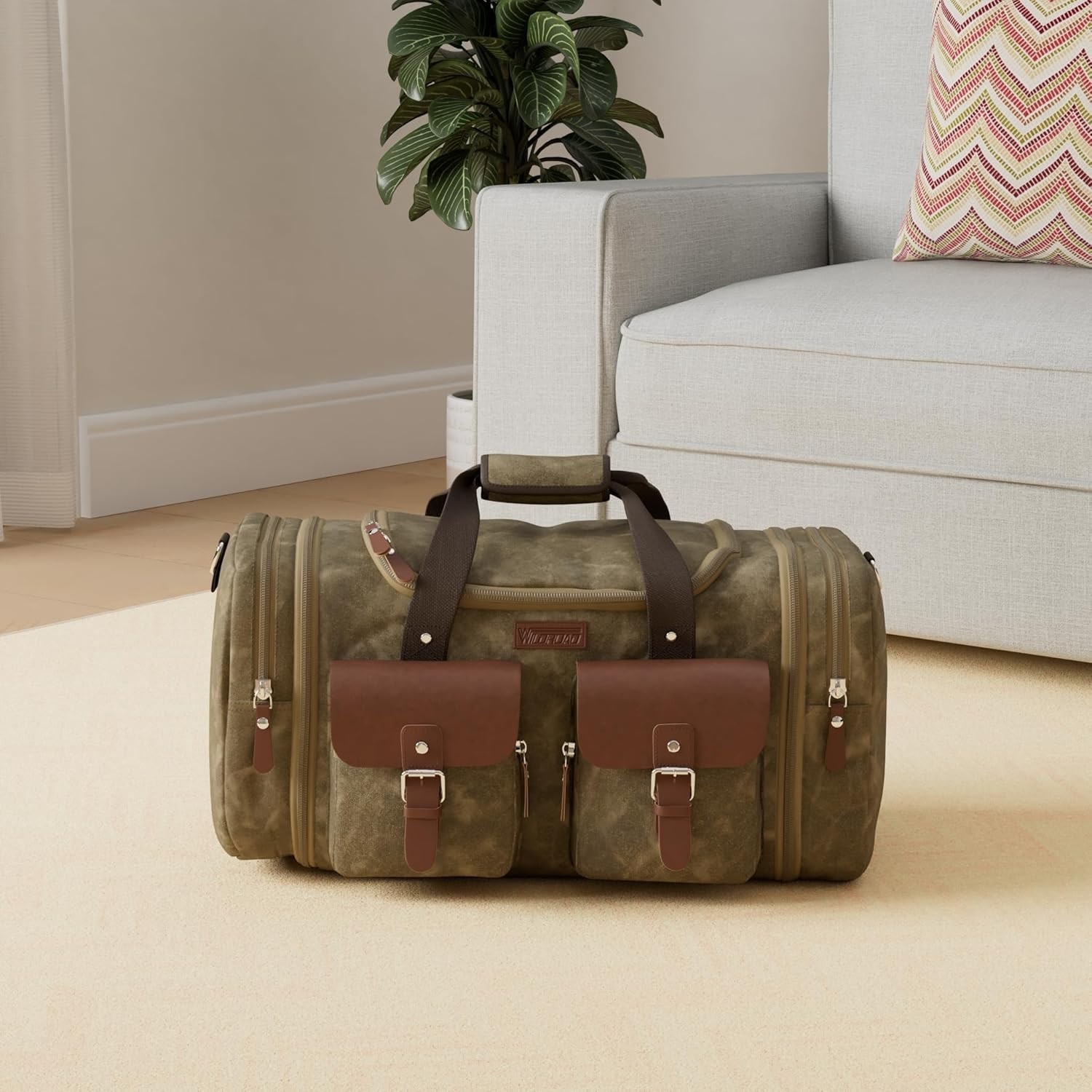 Waterproof Waxed Canvas Duffle Bag – 60L Genuine Leather Weekender Carry-On Bag