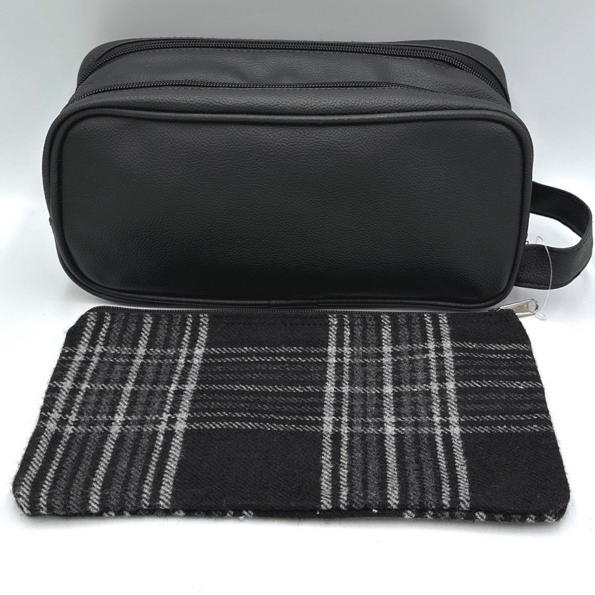 Jet Set Black Faux Leather Dopp Kit & Plaid Zipper Pouch Travel Toiletry Set NEW