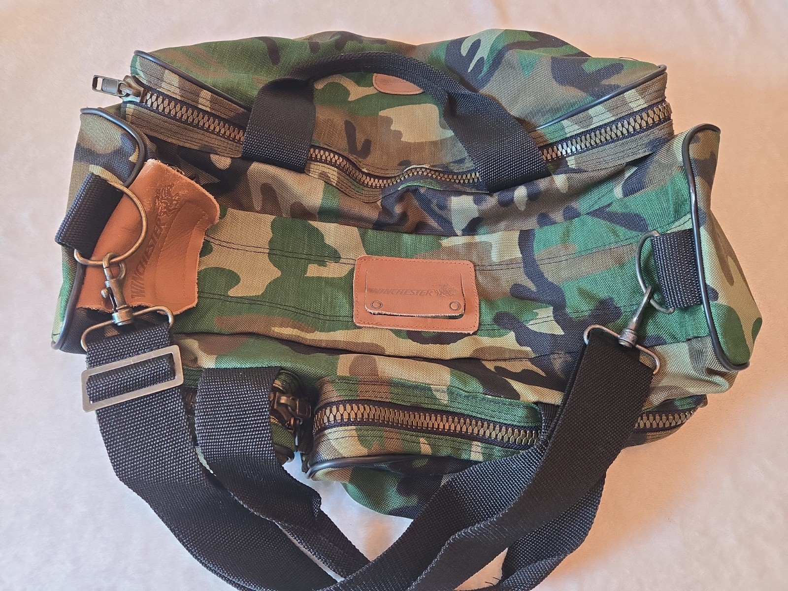 Vintage Camo Winchester Duffle Bag Single YKK Zipper Med Size 21x14x14” One Tear