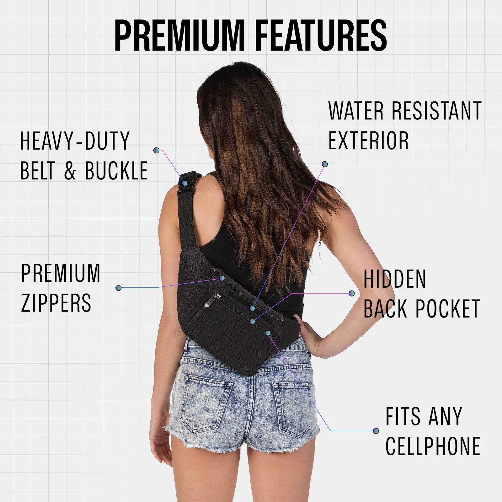 Black Fanny Pack Belt Bag I Mens Packs for One_Size, – Solid