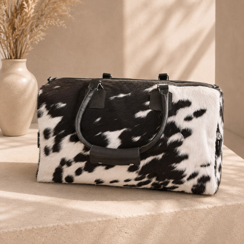 Handmade Hair‑On Cowhide Leather Weekender Duffel Travel Gym Bag