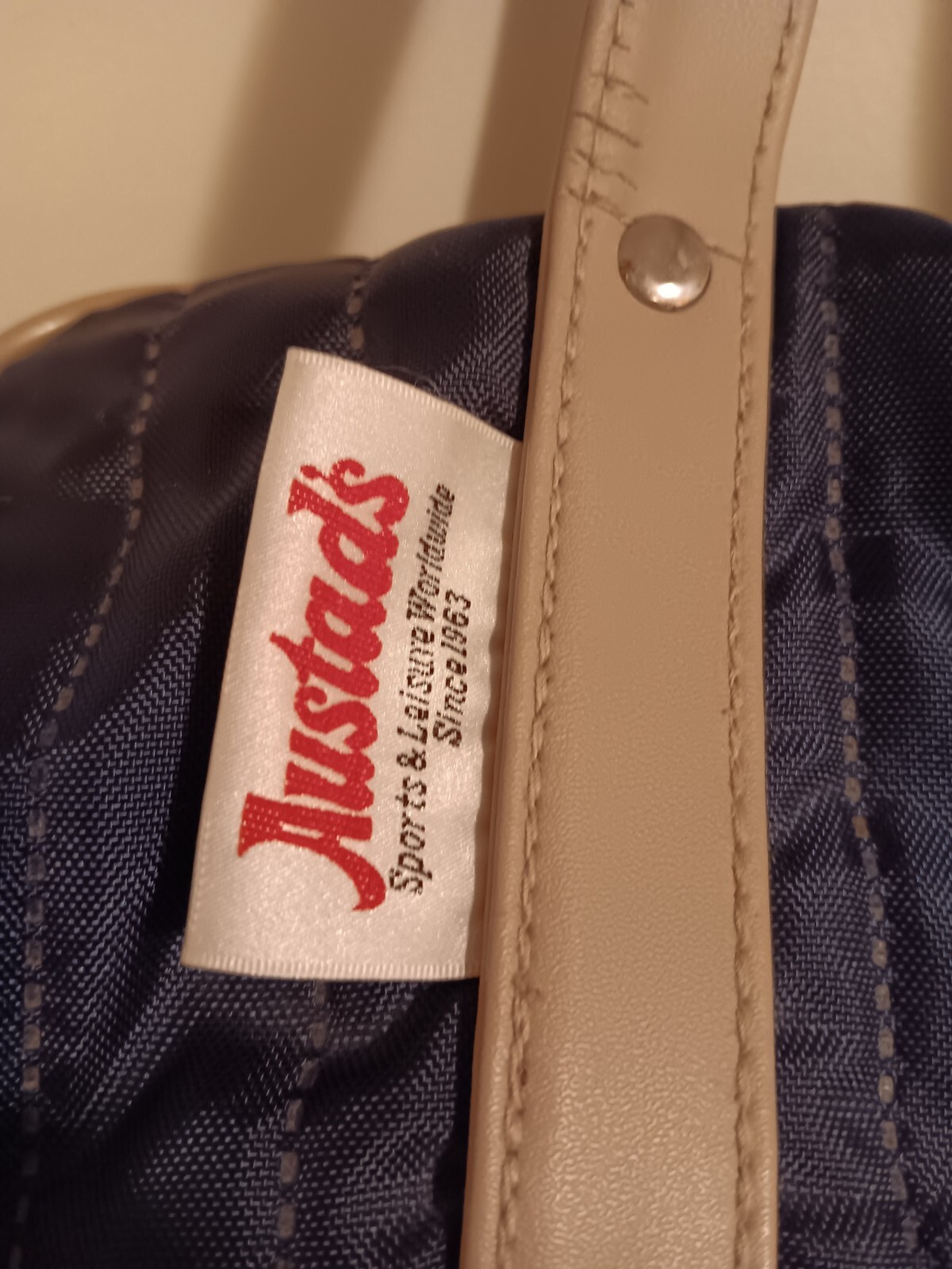 Austads Blue And Tan Bag With Rigid Base And Lower Zippered Area