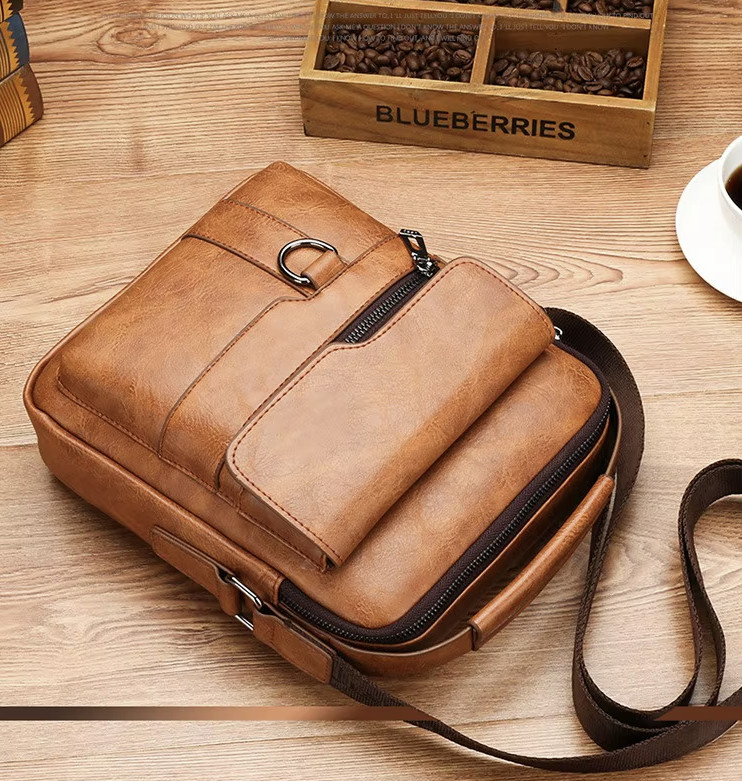Crossbody PU Leather Waterproof Business Men Shoulder bag KHAKI