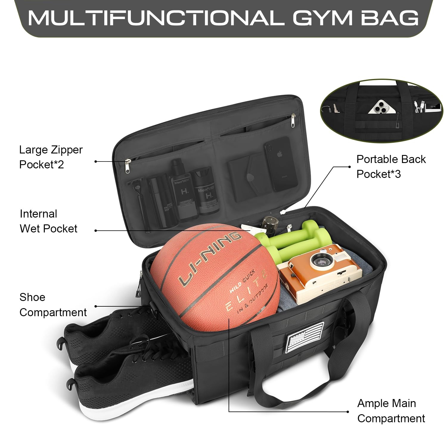 Gym Bags for Men Women, Tactical Duffle Bag Backpack with Shoe Compartment, 3…