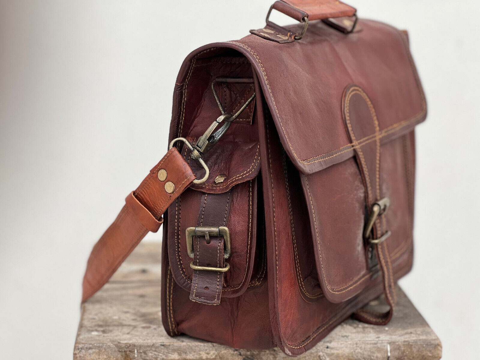 Real Briefcase Bag Men’s Vintage Lambskin Leather Messenger Shoulder Laptop