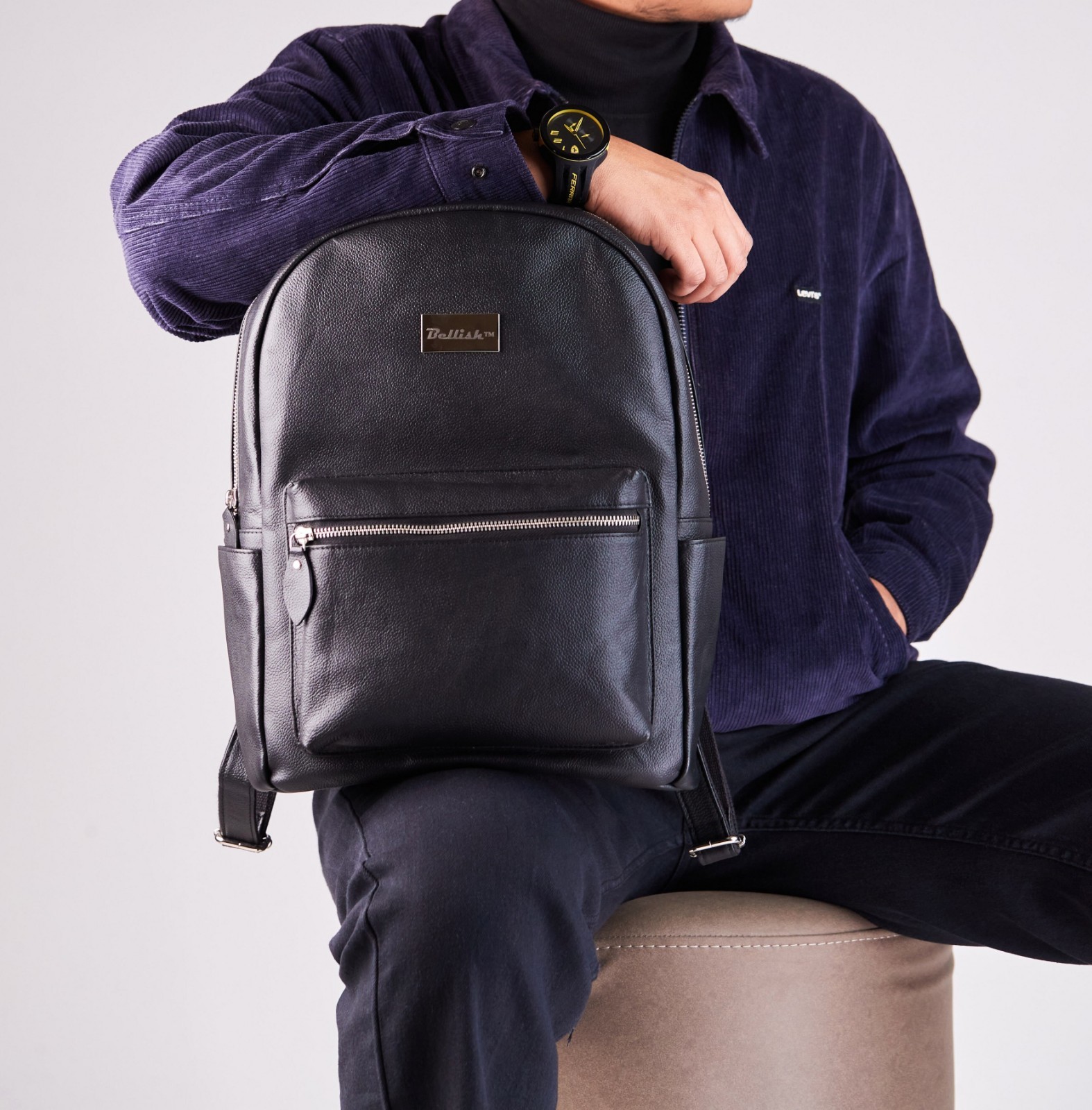 Bellish Altair Backpack Black Genuine Leather Polyester Lining Stylish Carry Bag