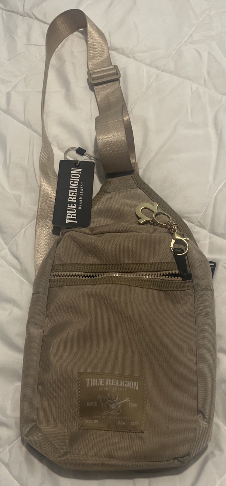 True Religion Crossbody Bag Men Casual Shoulder Sling Bag for Men Small Beige